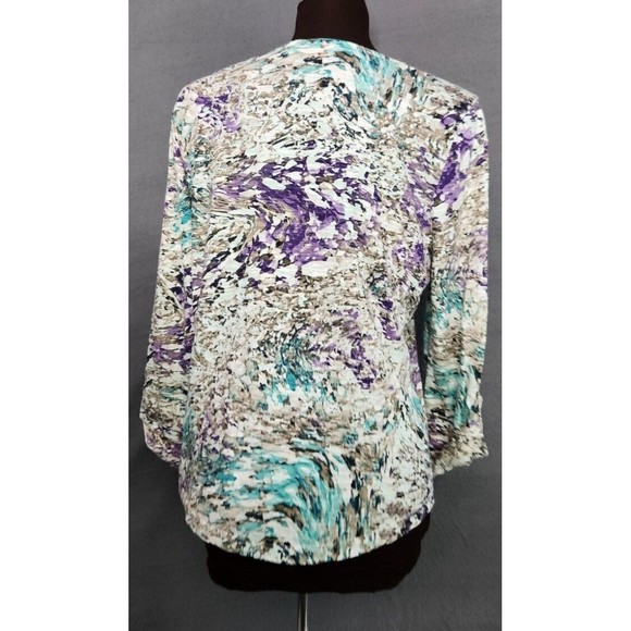 CHICOS Womans Roll Tab 3/4 Sleeve Knit TOP‎ Tan Teal Purple Tunic Sz 0 Small - Picture 3 of 10